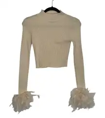 Patricia Forgeal LMLULU Paris Feather Cuff Ribbed Mock Neck Crop Top Sweater XS