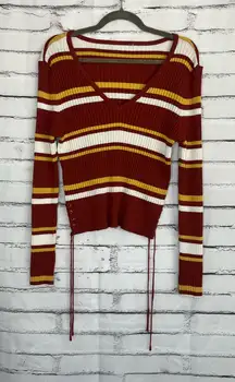 No Boundaries Rust Stripe Lace-Up Ribbed Crop Sweater Women’s XL Fall Knit V-Nck