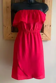 Red Strapless Mini Dress With Flowy Ruffled Bodice Size Medium