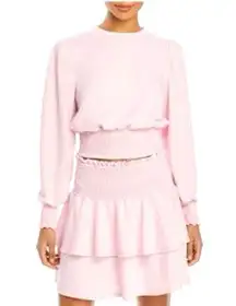 AQUA Pink Knit Skirt Set XS-S Smocked Tiered Ruffle Puff Sleeve Preppy Baby Y2K