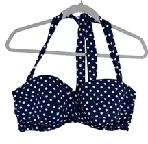 Lands' End Navy White Polka Dot Nylon Underwire Padded Halter Bikini Top 12 DD