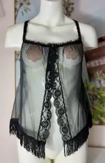 Vintage Black Sheer Lace Cami Tank Top Fringe Tassel Open Front Lingerie Large