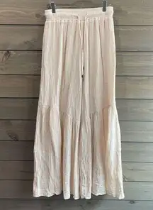 By Together  Womens Tiered Pants Wide Leg Palazzo Beige Medium Elastic Waist Boho