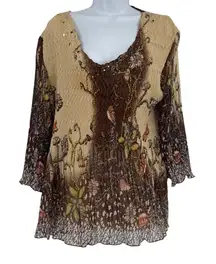 Alberto Makali Chiffon Boho Womens Top Sz L Whimsigoth Sheer Sequin Brown Artsy
