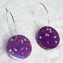 Purple Galaxy Glitter Resin Pendant Hoop Earrings
