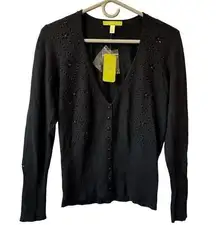 Sigrid Olsen Silk Cotton Blend Black Bead Flower Cutout Preppy Whimsy Cardigan M