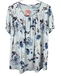 NEW Floral Shirt Top Blouse Womens Size 16W White Pleated Short Sleeve‎ Stretch