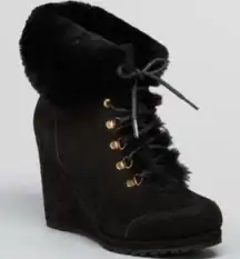 NWT L.K. Bennett Cecily Suede Shearling Ankle Wedge Boots Black Women's 38.5