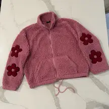 PacSun Full Zip Flower Long Sleeve Teddy Sherpa Jacket Women’s XS Pink Cozycore