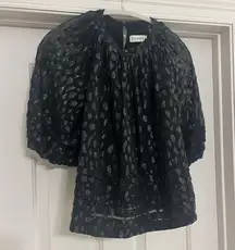 RHODE Puff Sleeve Metallic Silk Patterned Blouse Black Medium