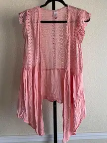 Pink Lace Crochet Open Front Cardigan Drape Hem 2X Romantic Feminine Boho Layer