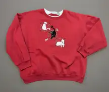 Vintage Classic Elements Cat Embroidered Crewneck Sweatshirt Red Large