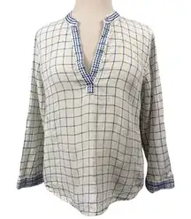 Faherty Women's Plaid V-Neck Linen Blouse Blue Size M Casual Top