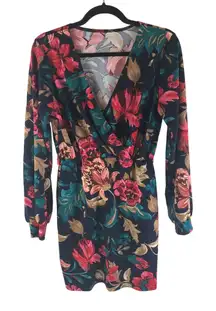 Shein Faux Wrap Mini Dress Long Sleeve V Neck Floral Navy Blue Red Beige M