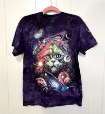 Purple Tie Dye Cat Cosmos Space Crewneck Graphic T-shirt M