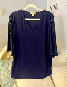 Michael Kors. Size L. Elegant unique navy blouse with gold accents.