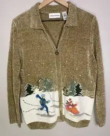 Vintage Alfred Dunner Embroidered Holiday snow sledding beaded Sweater small tan