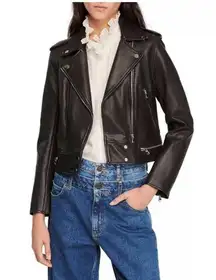 Sandro Paris Cropped Leather Jacket black classic moto revolve designer spring