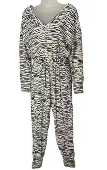 Chaser Women's Zebra Print Long Sleeve Jumpsuit S Ribbed Knit deep V loungewear