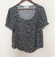 Elodie Leopard Print Button Front Short Sleeve Top Black/White Size Large