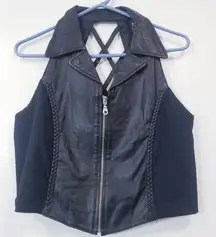 Vintage Diamond Plate  Black  Genuine Leather Biker Vest Halter Crop Top Zip Up