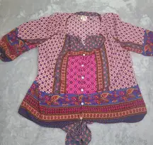 Anthropologie Fig and FLower Pink Boho Print Long Sleeve Button Down Blouse‎ 1X