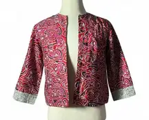 Chicos Embroidered Silk Jacket Women's Size D Red Pink Geometric 3/4 Sleeve