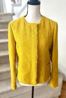 Massimo Dutti Mustard Yellow Boucle Tweed Fringe Blazer