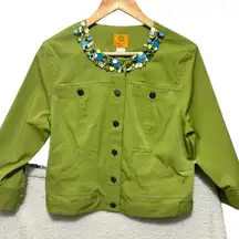 Ruby Rd Women Jacket‎ 12P Green Embellished Neck Stretch Blazer Artsy Beaded