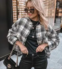 Zara Plaid Tweed Jacket Blogger Favorite Cropped Blazer Ballloon Sleeve