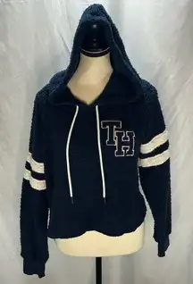 Tommy Hilfiger Sherpa Fleece Cropped Pullover Hoodie TH Logo Varsity Stripes