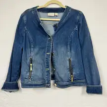 Chicos Blue Denim Full Zip Jacket Women S Classic Collarless Basic Closet Staple