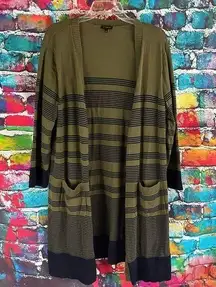 Talbots Longline Open Front Cardigan Sweater Duster Green Navy Blue Pima Cotton