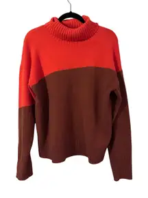Anthropologie Orange and Brown Colorblock Turtleneck Sweater Preppy Warm Winter