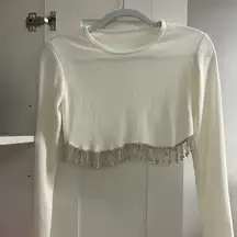 White Long Sleeve Crop Top with Rhinestone Trim
