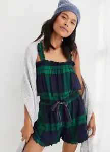 NWOT Aerie Flannel Pliad Romper Tie Detailing Green Blue Super Soft Small