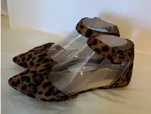LOVE MARK 7.5 LEOPARD SUEDE ANKLE STRAP FLATS POINTY TOE BOX