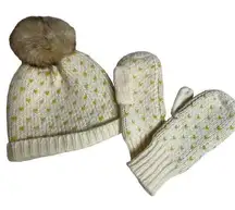 AERIE Yellow Cream Pom Pom Beanie Mitten Set Snow Winter Accessory NWT Hearts