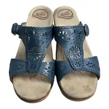 Dansko Sapphire Blue Leather Slip-On Sandals Size 38 Laser Cut Comfort Wedges