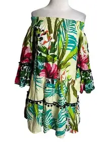 NWT Debbie Katz south beach tropical floral dress odd shoulder Pom Pom Sz XS