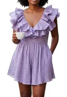 ASOS LUXE Plunge Triple Ruffle Romper In Lilac Gingham Organza Worn Once Size 10