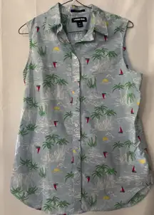 LANDS END Womens Button TOP‎ Sleeveless Beachy Cruise  SAILBOAT No Iron Size 8T