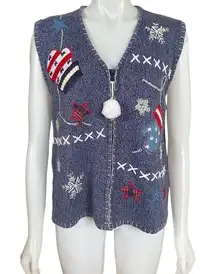 Bobbie Brooks women's large winter embroidered zip up stretchy sweater vest