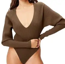 Good American  Bodysuit Rib Plunge V-Neck Dolman Sleeve Thong Butt Brown 1 S NWT