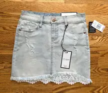 NWT  Denim Mini Skirt Crochet Lace Light Wash