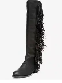 Black Nubuck Leather Josephine Boho Fringe Tall Knee Boot Size 8