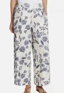 Ella Moss XL Linen Blend Wide Leg Pants Pull On Blue Floral Pockets Resort Beach