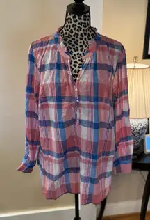 Talbots Plus Tunic Top 2X Half Button Ruffle Neck Cotton Lightweight Pink Plaid