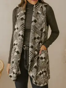 Willi Smith Womens Wool Black Checkered Open Front Sweater Vest sz S Cozy Cabin