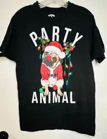 Holiday Time Party Animal Pug Dog Christmas Lights Santa Graphic T-shirt Black S